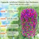 Dolicer 2 Packs Look Real Artificial Flowers for Outdoors, Fake Artificial Hanging Flowers for Outdoors Realistic UV Resistant Hanging Flowers Silk Petunia Faux Flowers for Porch Patio(Purple+Fuchsia)