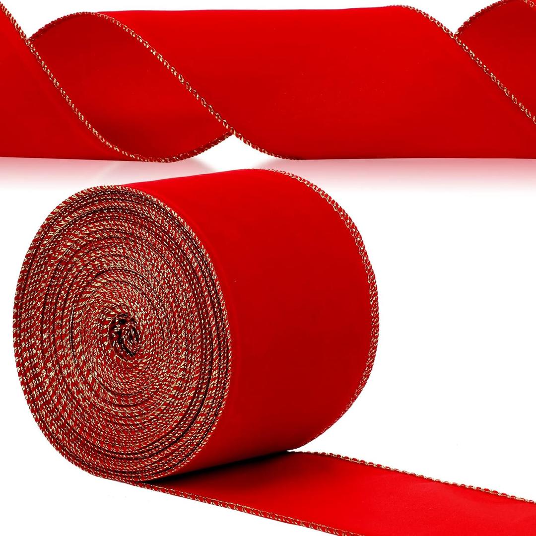 Yungyan Velvet Ribbons with Gold Edge Felt Ribbon Gift Bow Wrapping Ribbon Waterproof for Handmade, Home Decor, Gift Wrapping, Wreath DIY Crafts, Christmas Tree(Red,4 Inch X 35 Yards)