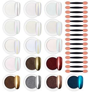 Artdone Chrome Nail Powder Magic White Pearl Kit Mirror Effect Silver Metallic Holographic Dip Nail Powder For Resin Craft & Nail Art Decoration (16 Colors Pearl And Chrome)