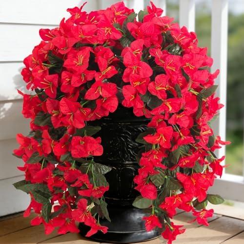 INXUGAO 2 pcs Artificial Faux Bougainvillea Flowers Plants for Outdoor Outside Summer Decoration, Fake Silk UV Resistant Long Trailing Vines for Front Door Porch Planter Balcony