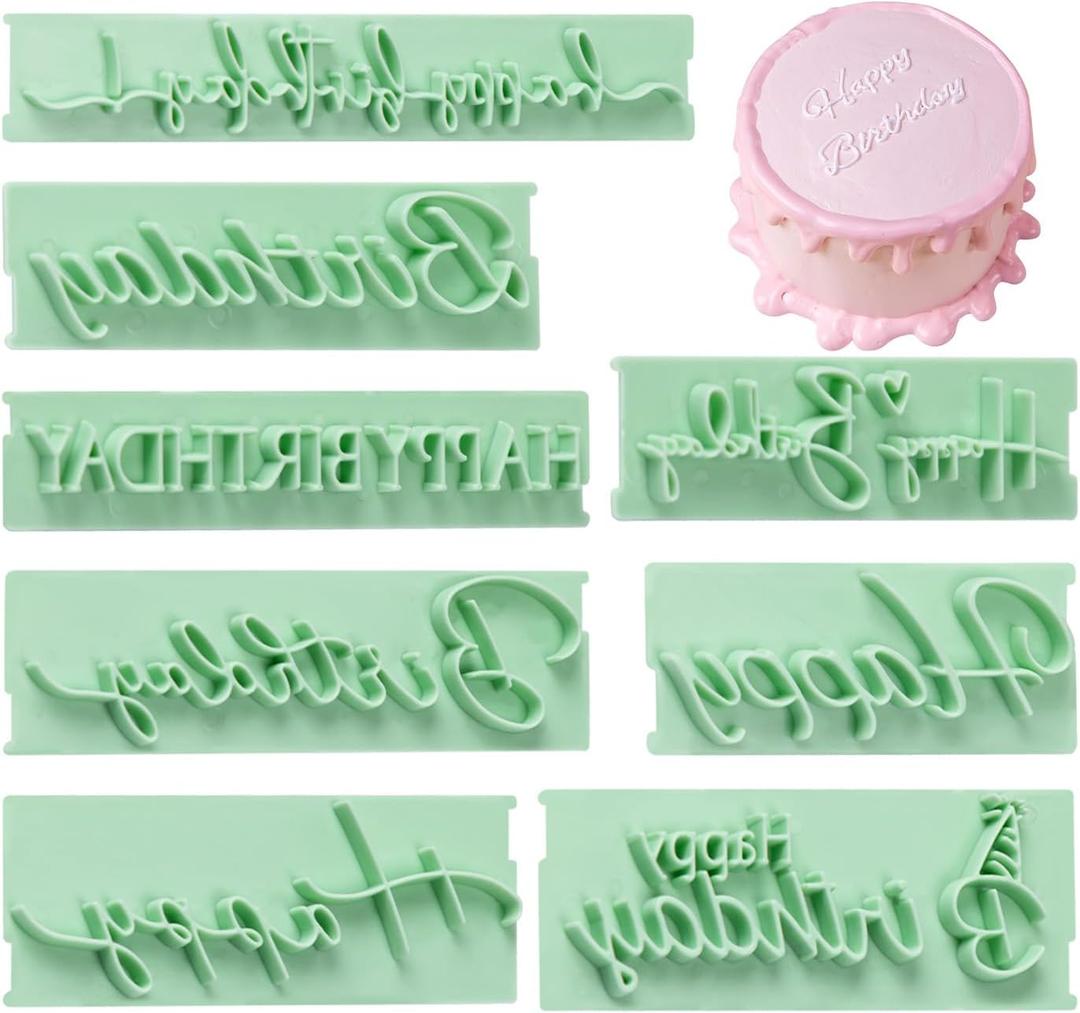 KALAIEN 8Pcs Happy Birthday Fondant Stamp,Custom Cookie Stamp, Happy Birthday Letters Embosser for Cake,DIY Cake Decorating Printing (Green Style 1)