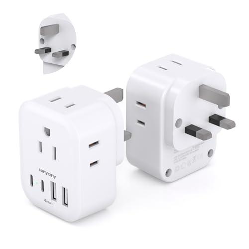 US to UK Plug Adapter 2 Pack, HANYCONY Type G Adapter for Travel with 4 Outlets 4 USB (2 USB C), Power Adapter for US to Ireland London Scotland Kenya Dubai Singapore Hong Kong
