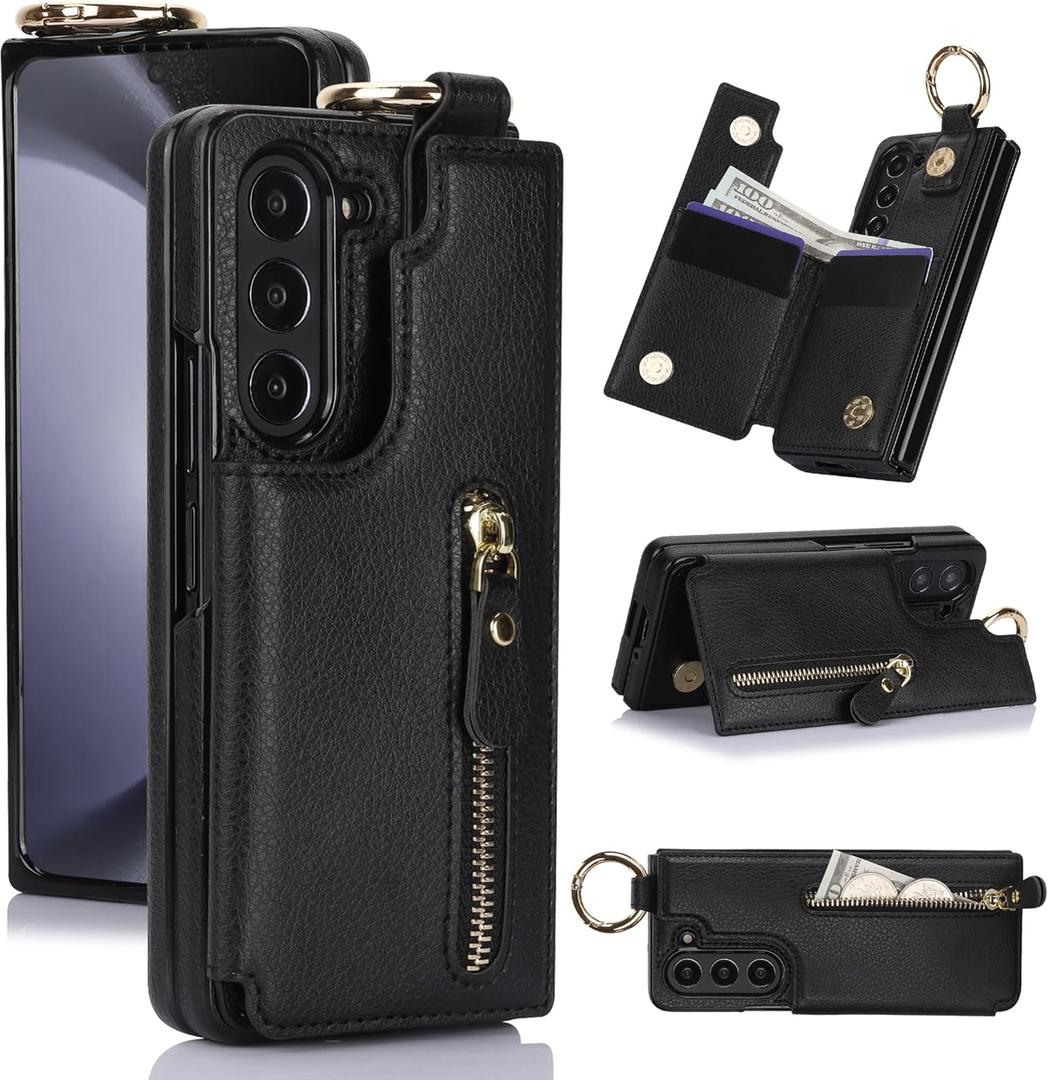 for Samsung Galaxy Z Fold 5 Wallet Case with Zipper and Credit Card Holder, Cash Slot, Premium Leather Magnetic Clasp Kickstand Heavy Duty Ring Protective Cover.(Black)