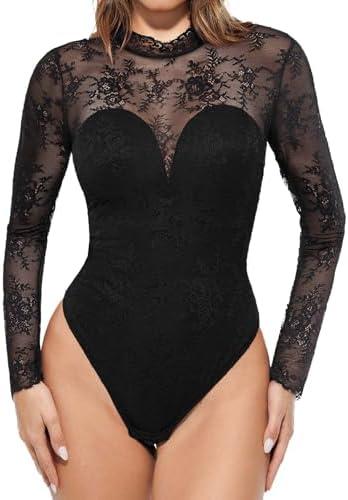 Popilush Long Sleeve Body Suits Womens Tummy Control Open Back Sheer Top Built in Bra Turtleneck Lace Shapewear Bodysuit M
