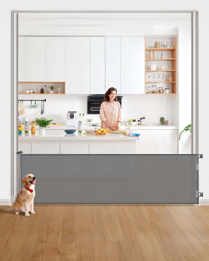 Retractable Baby Gate for Stairs 33 Height, Expands up to 118 Width Safety Gate for Infants, Toddlers, Dogs & Pets Easy Install, Secure Closure, Gray Mesh Design for Indoor & Outdoor Use