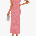 ZESICA Women's 2025 Summer Boho Floral Strapless Bodycon Dress Off Shoulder Tube Beach Party Long Midi Dresses Pink XL