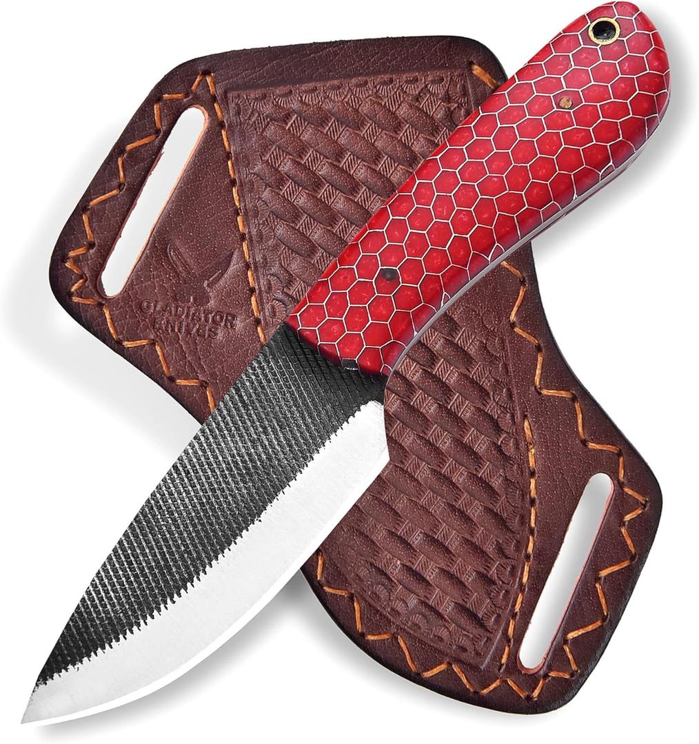 Fixed Blade Knife, 8" Carbon Steel Fixed Blade Hunting Knife Resin Handle with Leather Sheath, Survival Camping Knives GK-701 Gift for Skinning (Red)