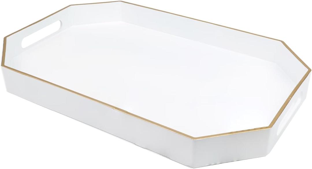 White Decorative Tray with Handles, Octagon Versatile Serving Tray for Coffee Table, Ottoman, Ideal for Serving, Displaying, Organizing (15.7" x 10.2" x 1.6")