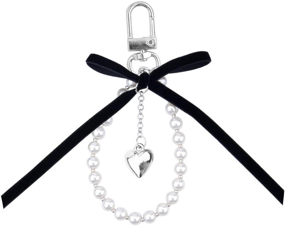 Black Bow With Pearls Keychain Y2k for Women Girls Bow Keychain Wristlet For Purse Goth Key Chain With Heart Charm
