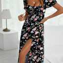 BLENCOT Womens Casual Summer Square Neck Short Sleeve Split Thigh Cotton Dress Boho Floral Print Tie Front Midi Dresses (Black, L)