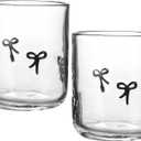 Skylety 2 Pack Bow Icon Juice Glass Coquette Bow Aesthetic Cup 14 ounce Double Old Fashioned Icon Handblown Cocktail glasses for Women Friend Party(Black)