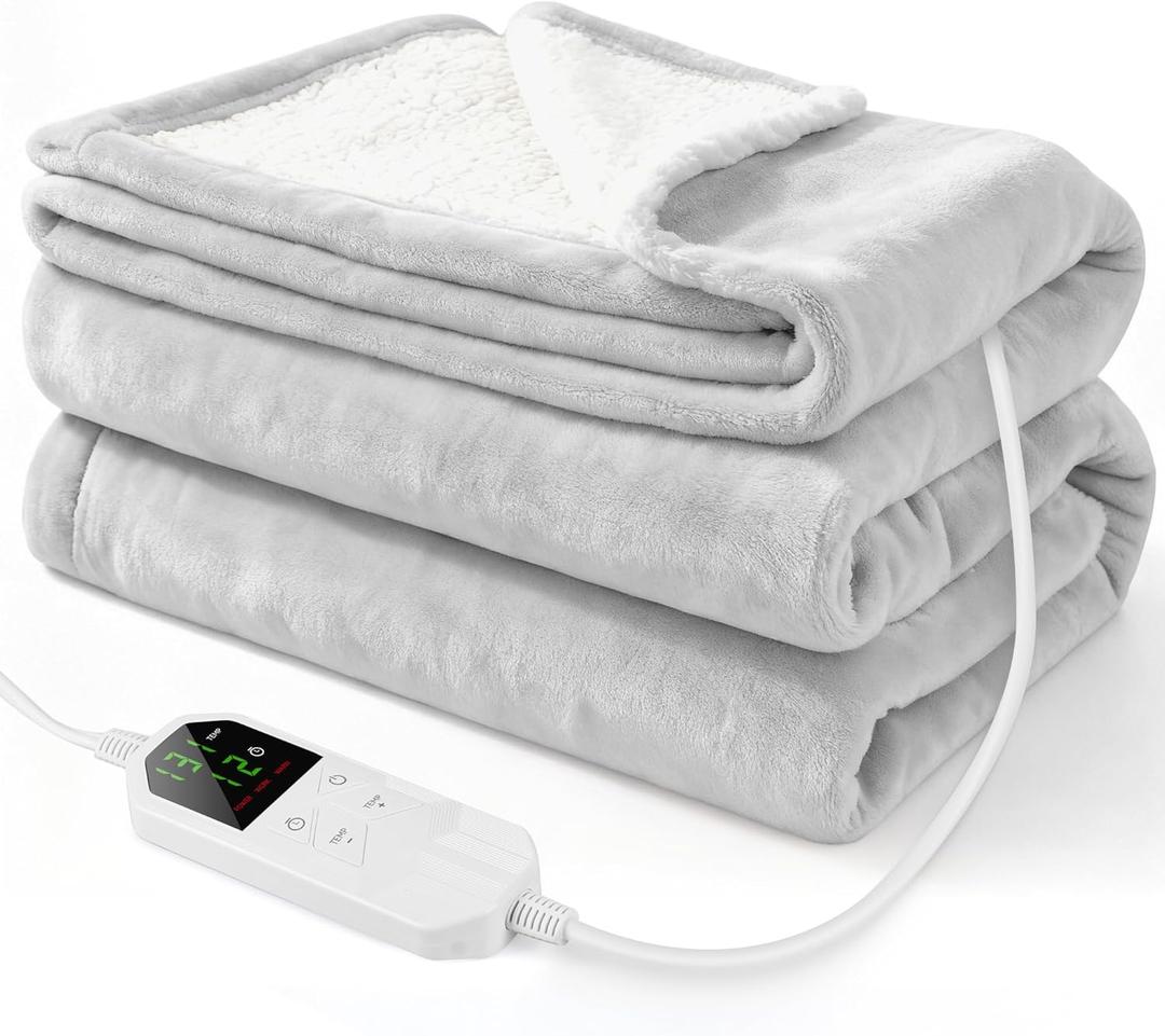 Electric Heated Throw Blanket 50" x 60", Soft Plush Flannel & Sherpa Electric Blanket with 8 Heat Settings, 1-12H Auto-Off, Fast & Even Heating, Machine Washable, Ideal for Home & Office, Light Gray