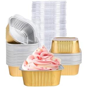 40 Pack Mini Cake Pans with Lids, 5oz Square Aluminum Foil Brownie Baking Cups, Muffin Tin Ramekins, Disposable Dessert Cupcake Cups for Wedding Birthday Party, Gold