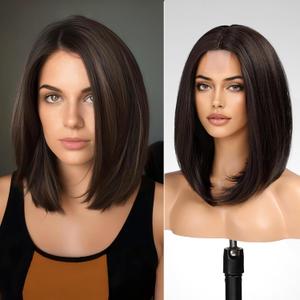Brown Short Bob Wigs,Brown mixed Straight Shoulder Length Wigs for Women,Middle Part Heat Resistant Fibre Synthetic Wig Daily Use