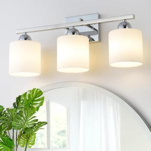 Stainless Steel Milk Glass Bathroom Vanity Light Over Mirror, 3 Light Silver Chrome Bathroom Light Fixtures with Frosted Glass, Modern Vanity Lighting Wall Mount