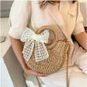 Hand - woven straw tote bags with bow decorations. They have shoulder straps, are convenient and compact, and are stylish small backpacks. They are suitable for vacations, dinners, beaches, camping