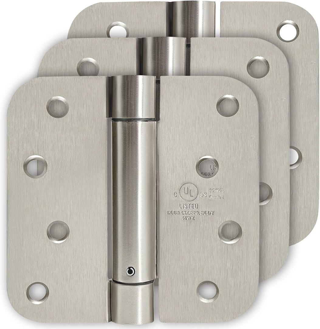 4 Inch Self Closing Satin Chrome Door Hinge 5/8" Radius Corner 3pack,Adjustable Tension for Garage, Front Door, Back Door, for Left and Right Hand Door, UL Listed (Silver Satin Nickel)