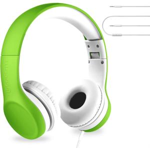 LilGadgets Connect+ Foldable Headphones, Adjustable Fit Soft Touch Padding for Kids with Mic, Volume-Limited & Noise Reduction On-Ear Wired Headset for School with SharePort - Green, Ages 3-14