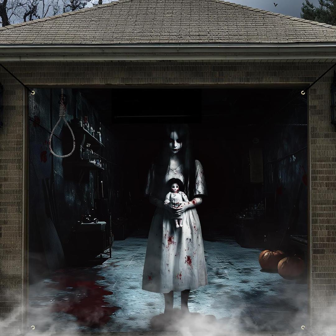 Halloween Garage Door Banner Decoration Magnetic Ghost Girl Garage Door Covers Large Scary Backdrop Decorations for Halloween Indoor/outdoor Party Decor(7 x 8 ft)