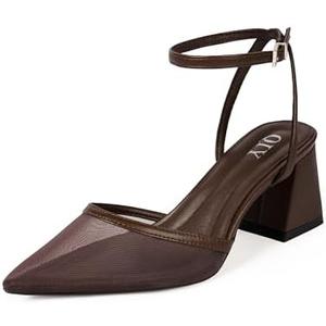 QIY Closed Toe Heels for Women Ankle Strap Pointed Toe Slingback Chunky Low Heels Womens Pumps Wedding Dress Shoes, Women's Size 11