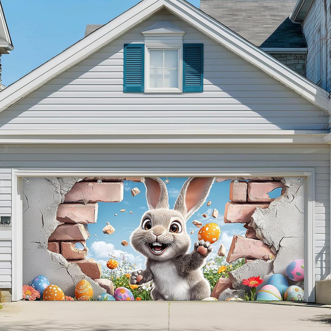 Easter Garage Door Cover 7 x 16 Ft Decoration with Elastic Bands, Easy to Install, Large Easter Banner Background for Outdoor Home Garage Door Party Decor