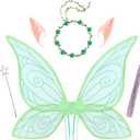PESAAT Fairy Wings for Adult Sparkling Sheer Girls Butterfly Wings with Fairy Hair Tinsel,Elf Ears,Flower Garland,Wand (Green)