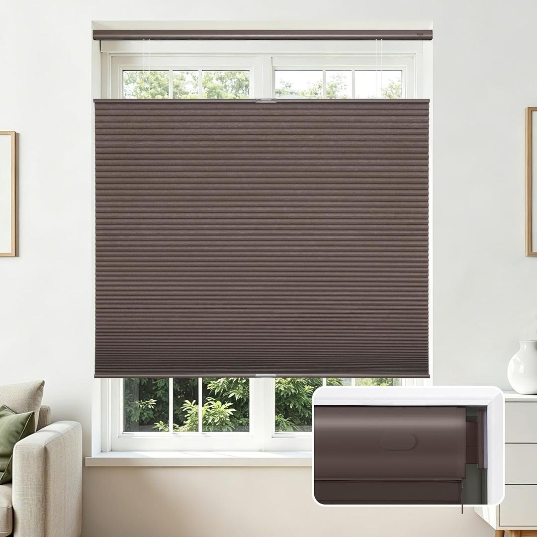 Joydeco No Tools No Drill Blinds for Indoor Windows, Cordless Window Blinds Cellular Shades Top Down Bottom Up Blackout Honeycomb Blinds Thermal Insulated Noise Reduction (Dark Brown, 34" W x 64" H)