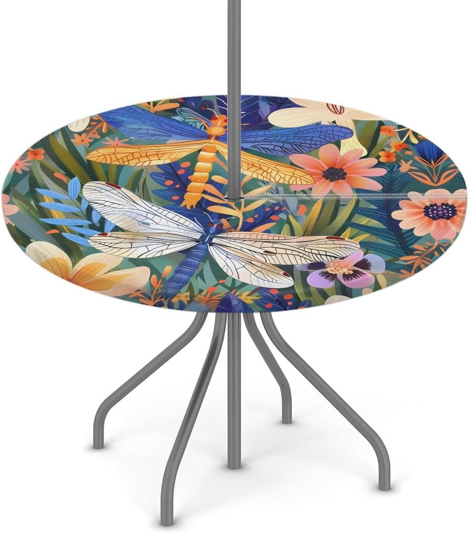 Dragonfly Outdoor Round Tablecloth with Umbrella Hole, Circle Fitted Tablecloths with Elastic 36"-44" Waterproof Oil-Proof Round Outdoor Tablecloth Patio Table Cover for Picnic Camping Party