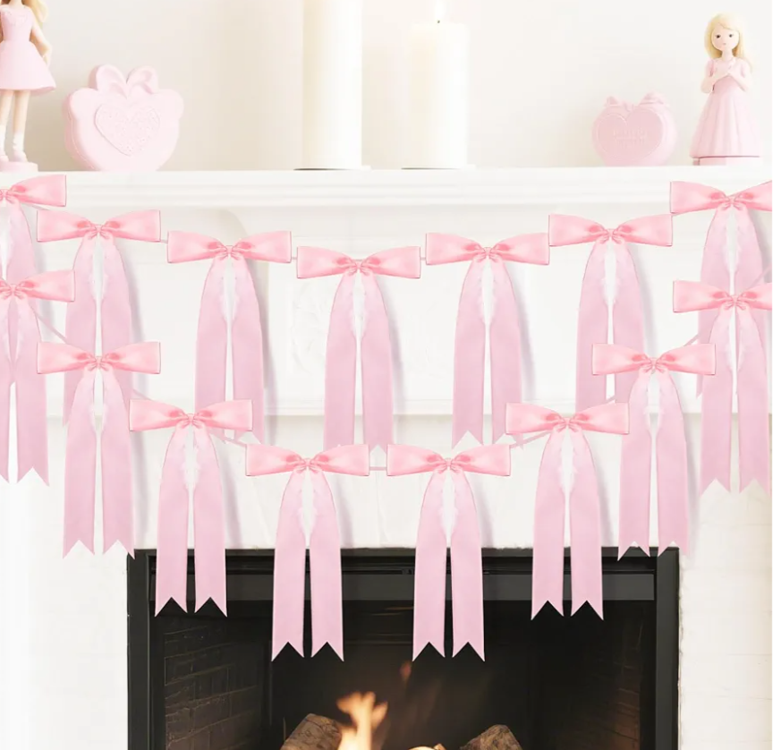 1Pcs Pre-Strung Pink Bow Garland Banners - 6.6ft Sweet Party Hanging Decorations for Coquette Birthday, Bridal Shower, Wedding, Engagement, Bachelorette, Baby Shower Supplies