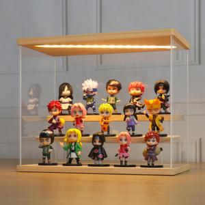 LANSCOERY LED Lighted Acrylic Display Case, 3 Tier Display Box for Collectibles and Action Figures, Clear Dustproof Organizer with Wooden Base  11.8x6.3x9.4inch
