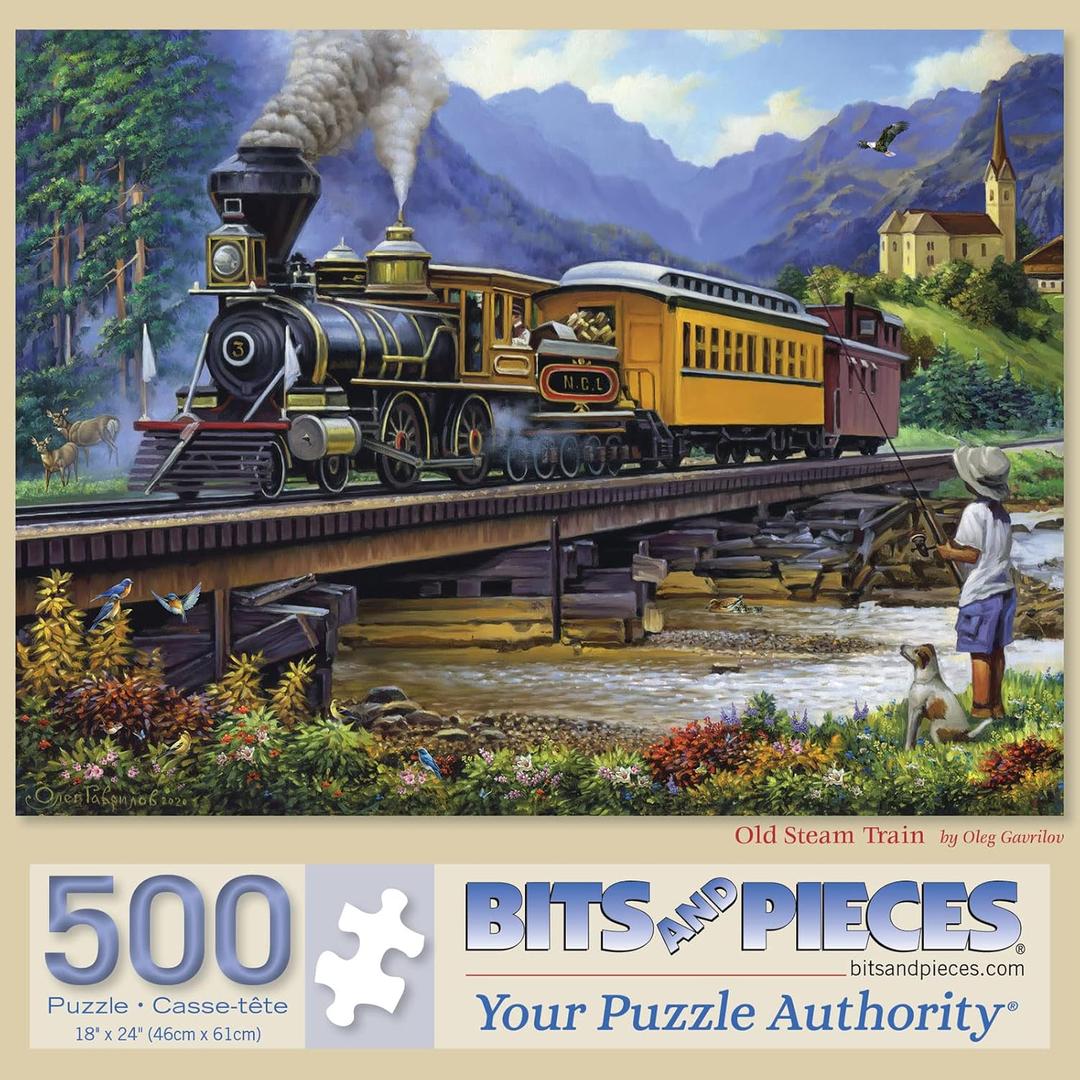 Bits and Pieces  Large 500 Piece Jigsaw Puzzle for Adults  Old Stream Train - Countryside Vintage Train Jigsaw Puzzle by Artist Oleg Gavrilov, Completed Puzzle Size: 18" x 24"