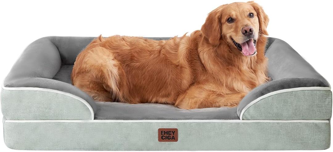 EHEYCIGA Orthopedic Dog Beds for Extra Large Dogs, Waterproof Memory Foam XL Dog Bed with Sides, Non-Slip Bottom and Egg-Crate Foam Big Pet Couch Bed with Washable Removable Cover, Greyish Green (44.0"L x 32.0"W x 6.5"Th)