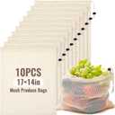 10 Pcs 17 x 14 in Reusable Produce Bags Grocery Washable, Cotton Mesh Produce Bags Plastic Free, Drawstring Closure, Double-stitched Organic Cotton Mesh Grocery Bag for Vegetables Fruit Onions
