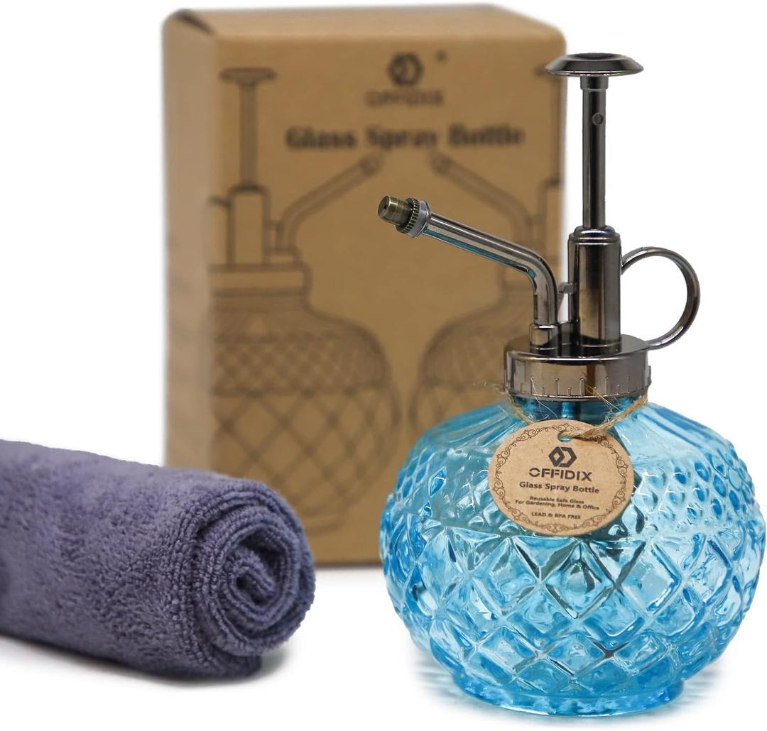 OFFIDIX Glass Plant Mister, 300ML Vintage Spray Bottle Plant Spritzer with Top Pump Fine Mist,Small Decorative Watering Can for Indoor Outdoor Succulent and Other Live Plants (Light Blue)