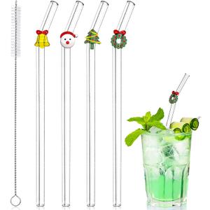4Pcs Christmas Glass Straws with Charms, Reusable Clear Drinking Straws with Colorful Christmas Design, Cute Glass Straw Shatter Resistant for Xmas Party Drinks Cocktail Beverages