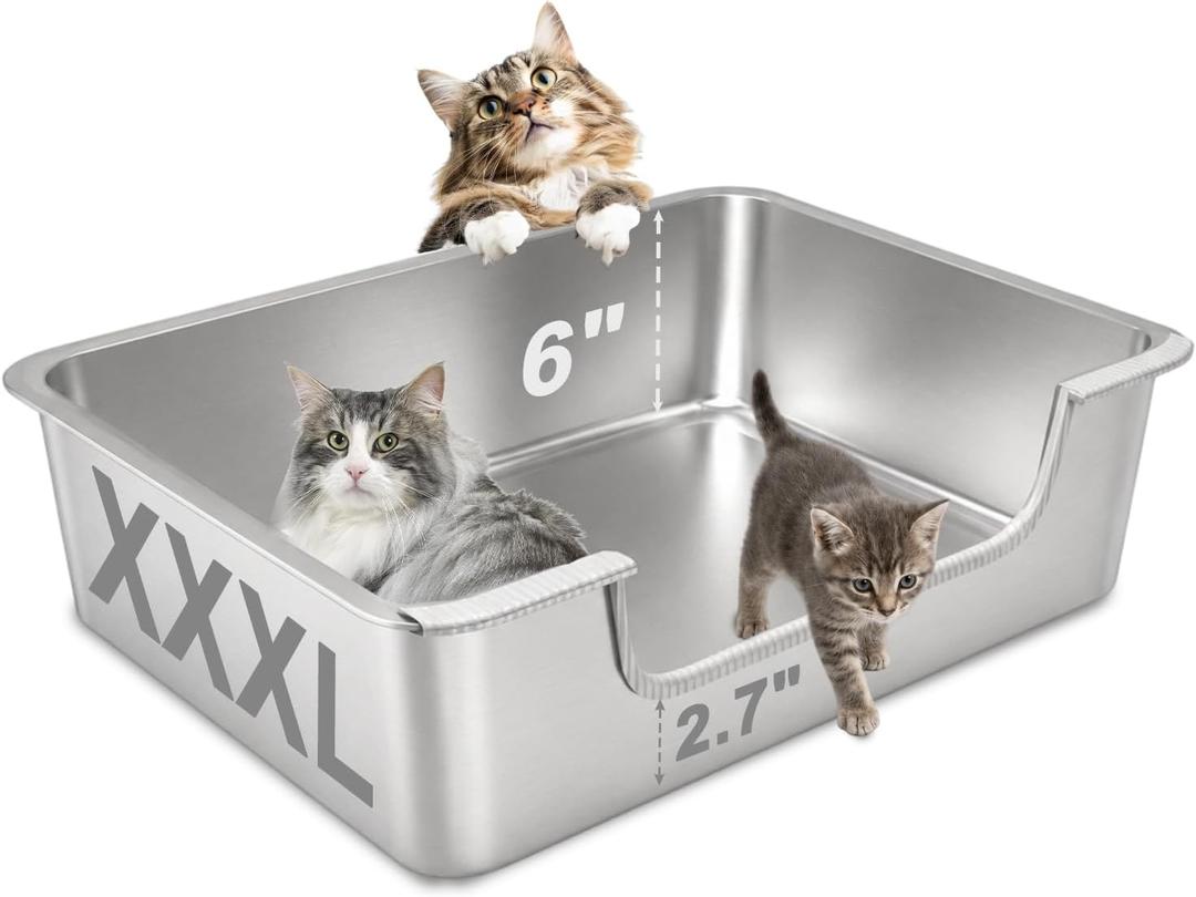 XXXL Low Entry Litter Box for Big Senior Cats & Multiple Cats, 28” x 20” x 6” Extra Large Metal Litter Box, High Sided Stainless Steel Litter Pan with Odor Control, Easy to Clean
