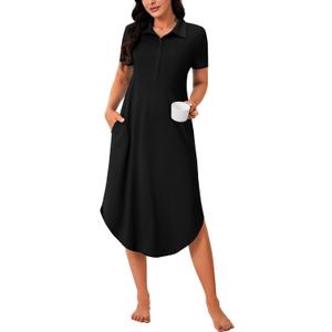 Rooscier Women's Short Sleeve Sleepshirt Button Nightshirt Full Length Sleepwear with Pockets (Black)