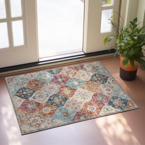 Moroccan Boho Area Rug, 2x3 Inch Printed Thin Entryway Rug Vintage Foldable Chenille Floral Print Indoor Door Mat Non-Slip Cream Carpet for Kitchen Bathroom Laundry Room
