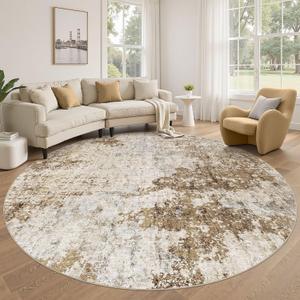 8ft Round Area Rug Living Room Rugs - 8x8 Washable Large Soft Indoor Neutral Modern Abstract Low Pile Rug Carpet for Bedroom Dining Room Farmhouse Home Office - Light Brown