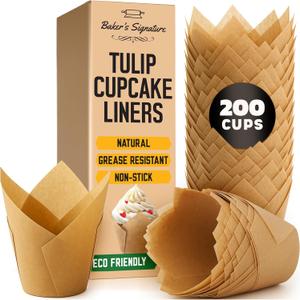 Tulip Cupcake Liners, Muffin Liners for Baking by Bakers Signature  200pcs of Parchment Paper Cups Cupcake Wrappers  Perfect Size, Sturdy, Greaseproof & Easy to Use  Wedding Decor  Natural Brown