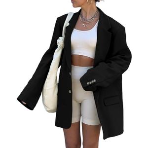 Grlasen Women Casual Elegant Long Sleeve Oversized Lapel Blazers Open Front Solid Work Office Jacket Blazer (Medium, Black)