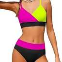 ADIFUN Girls Swimsuit Size 13 Size 14 V Neck Adjustable Straps Black Pink Bikini Set Color Block with Cover Up Skirt Bathing Suits for Teen Girls Size 12-14