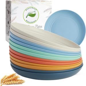 12PCS Unbreakable Dinner Plates, Dishwasher & Microwave Safe Plastic Plates Reusable, Lightweight Wheat Straw Plates for kitchen (Dopamine, 9 IN)