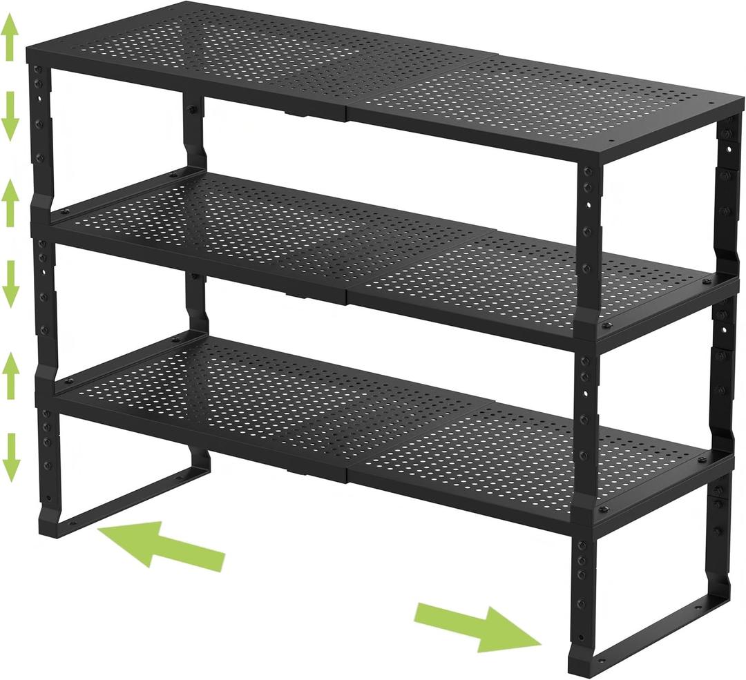 Expandable Adjustable Stackable Kitchen Organizer, Spice Rack,Metal Pantry Storage Shelves Racks,Counter Shelf for Cabinets, Countertop, Cupboard (3 Packs/Medium/Black) (7.87"D x 16.6"~26.5"W x 6.1"/7.5"H)