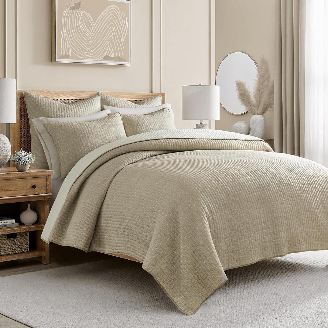 Levtex Home Cross Stitch Reversible King/Cal King Quilt Set (106x92in) and 2 Pillow Shams (36x20in) - Stitch Texture - Taupe - Cotton King Size Quilt Bedding Set - Lightweight Soft Pre-Washed