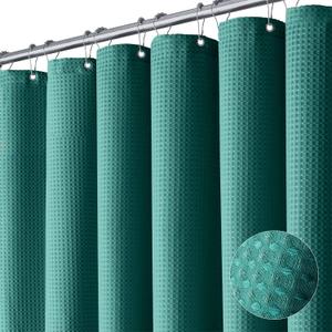 Dynamene Green Fabric Shower Curtain - Waffle Weave Textured Heavy Duty Cloth Shower Curtains for Bathroom, 256GSM Hotel Luxury Weighted Bath Curtain Set with 12 Plastic Hooks,72x72, Seaweed Green