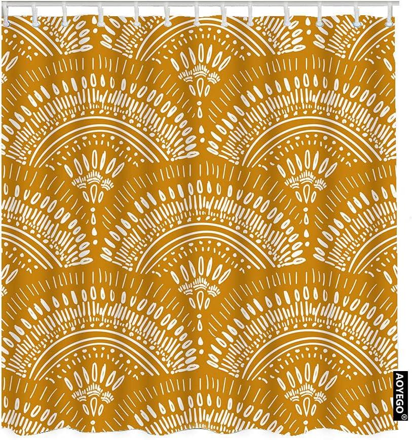 AOYEGO Bohemian Geometric Pattern Fabric Shower Curtain with Hooks Ethnic Intricate Mustard Yellow Doodle Bath Shower Curtain Polyester 72x72 Inch for Bathrooms Bathtubs Camping