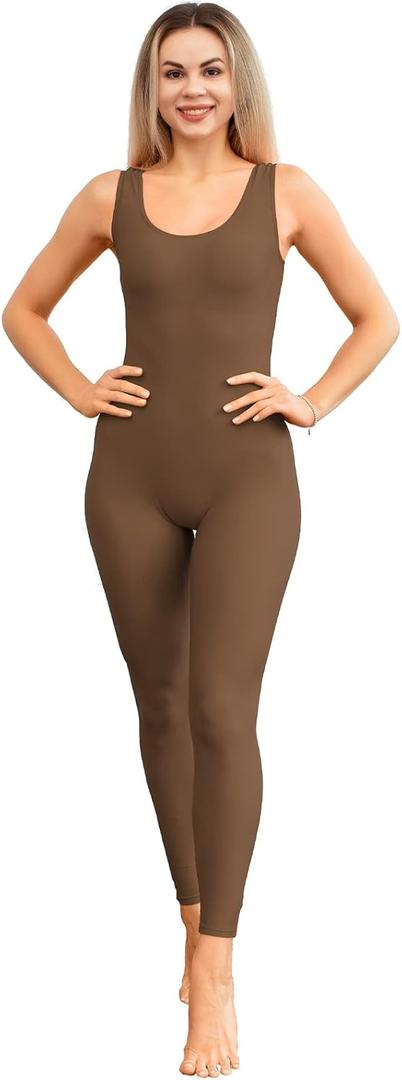 Kepblom Womens One Piece Jumpsuit Sleeveless Rompers Tank Top Unitard Tummy Control Spandex Bodysuit for Yoga, Workout (Large, Brown)