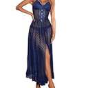 SHENHE Women's Lace Babydoll Chemise Open Front Slit Mesh Slip Dress Sexy Long Nightgown Dark Blue, Small