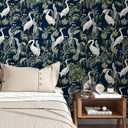 ReWallpaper 17.5in X 39ft Peel and Stick Wallpaper Vintage Dark Botanical Wall Paper Removable Navy White Crane Wallpaper for Bathroom Bedroom Living Room Self Adhesive Renter Friendly Contact Paper